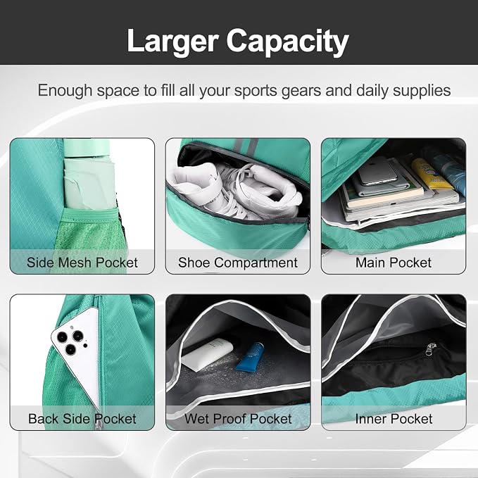 Hoedia Sports Drawstring Backpack - String Swim Gym Bag with Shoes Compartment and Wet Proof Pocket for Women/Men (Mint Green)