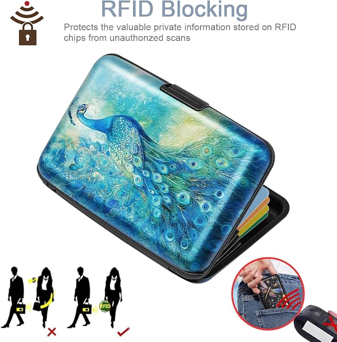 Coco Rossi Credit Card Holder RFID Aluminum Small Mini Wallet Women | Metal Wallet, Business Cards Holder, ID Case, Slim Sleeves, Womens Girls Gift, Carry Proof Wallets for Travel, Peacock