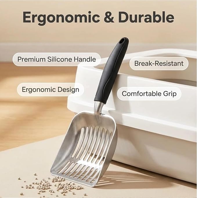 4-in-1 Cat Litter Scoop with Holder, Metal Litter Scoop Includes Portable Small Broom and Dustpan Set, Heavy Duty Stainless Steel Kitty Scooper, Quick Sift and Easy Clean