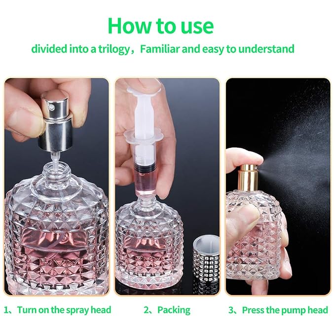 2 Pack 30ml Refillable Clear Glass Fine Mist Empty Spray Perfume Bottles, Atomizer Spray Bottle With 4 kinds of perfume dispenser (Silver cap and Gold cap)