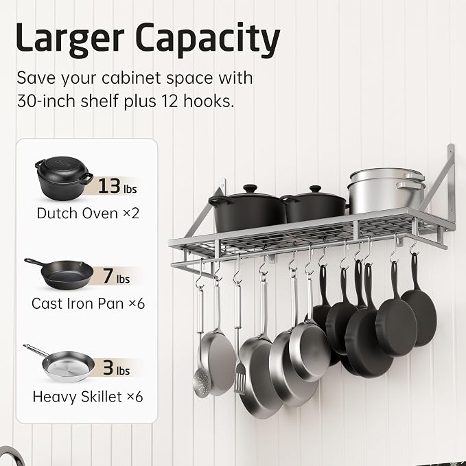 KES 30-Inch Silver Gray Pot Rack with 12 Sturdy Hooks, Wall Mounted | Holds 88 lbs, Cast Iron Pots and Pans Organizer, Kitchen Wall Hanging Hanger Shelves, Modern, KUR215S75A-SG