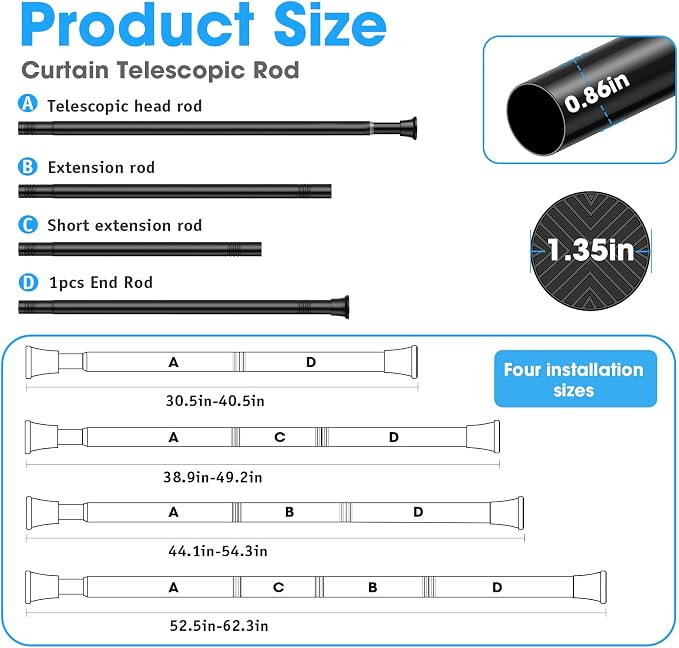 1Pack Black Tension Curtain Rods 31 to 62 Inch Small Curtain Rods No Drilling Short Tension Rod Adjustable Spring Curtain Rod for Windows Door Closet Pressure Rod
