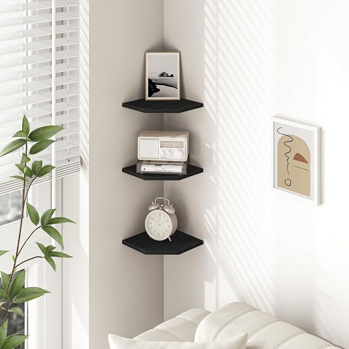 Fun Memories Corner Shelf Wall Mount, Floating Corner Shelves, Set of 6 Corner Wall Shelf Organizer, Rustic Wood Wall Storage Display Shelves for Living Room Bedroom Bathroom Kitchen, Classic Black