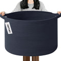 115L Extra Large Navy Blue Woven Cotton Rope Basket with Handles, Kids Nursery Laundry Hamper for Toys, Blankets, Pillows & Comforters, Storage Bin for Bedroom & Playroom