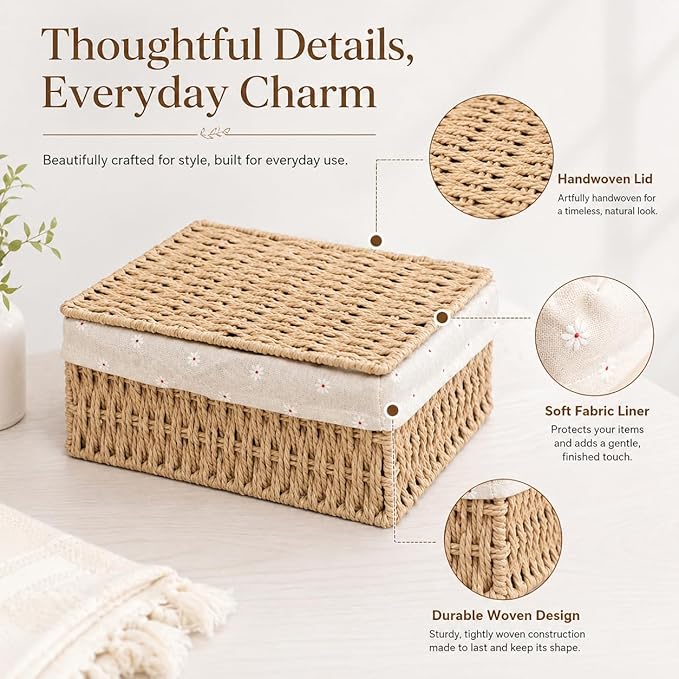 1PC Woven Storage Basket with Lid for Closet Shelf-Khaki Small | Bathroom, Closet & Shelf Storage Basket, Sewing & Towel Basket, Blanket & Toy Storage, Woven Basket with Liner