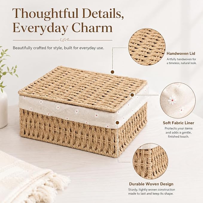 1PC Woven Storage Basket with Lid for Shelf-Khaki Medium | Bathroom, Closet & Shelf Storage Basket, Sewing & Towel Basket, Blanket & Toy Storage, Woven Basket with Liner
