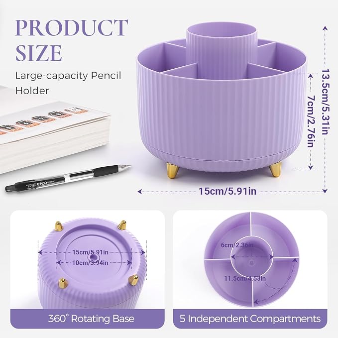 KONVINIT Pencil Pen Holder for Desk, 5 Slots 360-Degree Rotating Desktop Organizer, Cute Desk Organizers and Accessories for School, Home, Office and Art Supply, Purple
