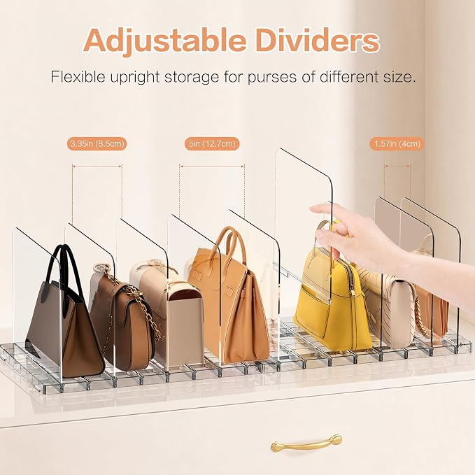 Stackable Purse Organizer for Closet Shelf, Acrylic 4 Set | Adjustable Dividers, Modular purse storage System, for Handbag Wallet Paper Bag, for Woman, Keep Upright Storage
