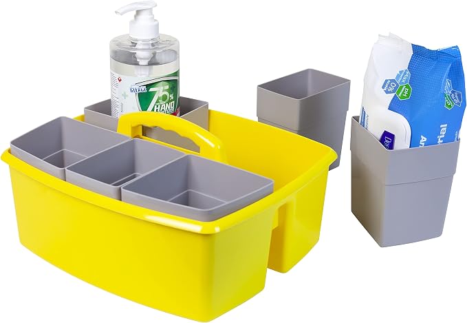 Storex Large Classroom Caddy with Cups, 13 x 11 x 6.575 Inches, Yellow, Case of 2 (00982A02C)