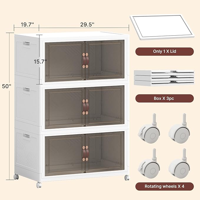 940QT Extra Large Stackable Storage Bins with Lids & Wheels & Door, 235Gal Foldable Collapsible Closet Organizers, Plastic containers drawers for bedroom Dorm