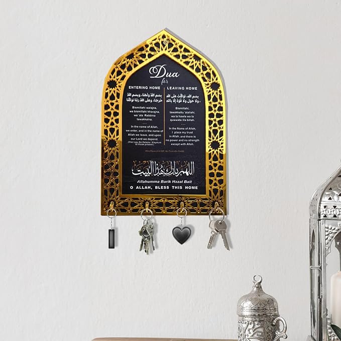 Islamic Wall Art, Acrylic Wood Wall Hanging Organizer with Hooks, Ramadan Mubarak Eid Mubarak Decor, Crescent Moon Key Holder, Islamic Home Decor for Entryway, Ramadan Eid Gifts for Women, Gold-Black