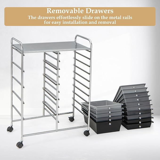 Moccha 15-Drawer Rolling Storage Cart - Under Desk Storage Drawers with wheels for Craft Art Supply Paper Salon, Scrapbook Paper Tools, Mobile Utility Cart for Classroom (15 Drawers, Gradient Grey)