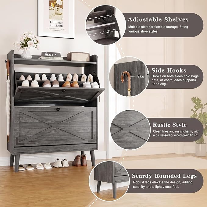 Shoe Storage Cabinet with 2 Flip Drawers & Adjustable Shelves, Freestanding Shoe Cabinet with Side Hooks Narrow Shoe Rack Cabinet for Entryway, Hallway, Rustic Grey