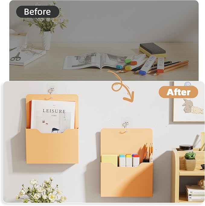 Marbrasse Magnetic File Holder - Magnetic Paper Holder, Pocket Organizer Office Supplies Storage Mail Organizer for Notebooks,Planners,Letter (Orange)