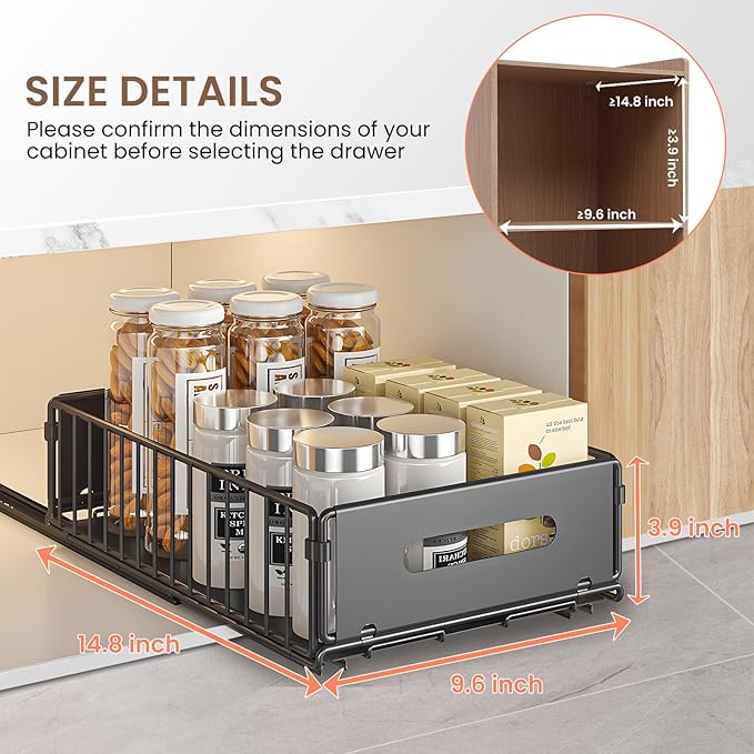 Pull Out Cabinet Organizer, 4 Pack Heavy Duty Slide Out Drawers Pantry Shelves Fixed With Strong Adhesive Glue and Handle for Kitchen, Living Room, Bathroom, Home (14.8" D X 9.6" W X 3.9" H)