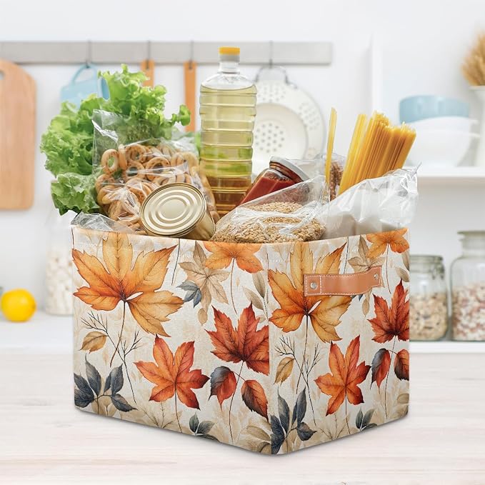 Rectangular Storage Bins Autumn Maple Leaves Pattern Collapsible Fabric Storage Basket Organizer with Handles for Nursery Bedroom Bathroom
