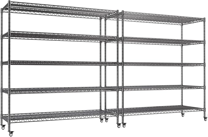 5 Tier Wire Shelving 2 Pack | 55”W Storage Shelves Heavy Duty | Rolling Wire Rack with Wheels | 3250 LBS Metal Shelving | Garage Shelving Units and Storage | Adjustable Layer Height | 55”W×18”D×73”H