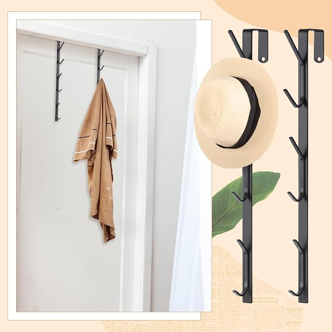 Tandefio 2 Pack 13.8" Over The Door Hook Hanger Comes with 6 Hooks from Large to Small Metal Extra Long Over The Door Hooks Hanger for Hats Rack Coat Scarf Purse Bags Scarf Keys and More (Black)