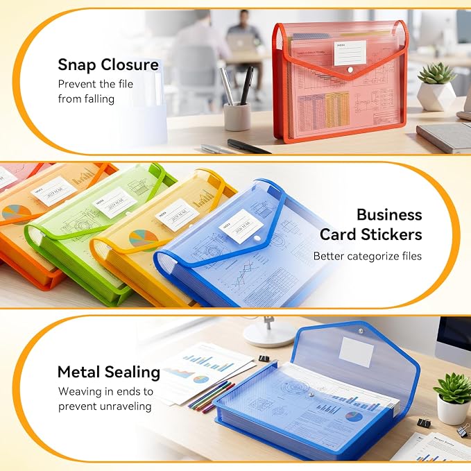 6 Pack Plastic Expanding File Folder, Colorful File Folder Organizer | Folders for Documents with Snap Closure, Transparent Accordion File Pouch, No Dividers, Large Capacity, Fit Letter/A4 Size