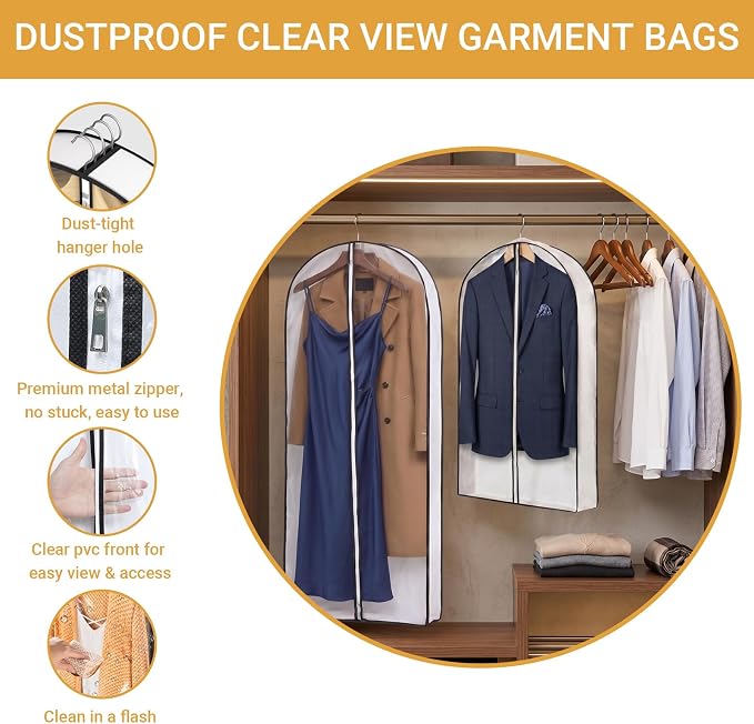 6 Pack 39" Clear Garment Bags for Hanging Clothes,4" Gusseted Suit Bags for Closet Storage Non-woven Back,Hanging Clothes Storage Suit Cover Bags with Zipper for Coats,Jackets,Shirts