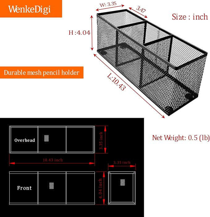 Metal Mesh Pencil Holder, Spacious 3-Compartment Desk Organizer for Pens, Makeup Brushes, Utensils, Multipurpose Office, School ,Kitchen, Home Desktop Storage, 10.43 x 3.35 x 4.04 Inches, Black