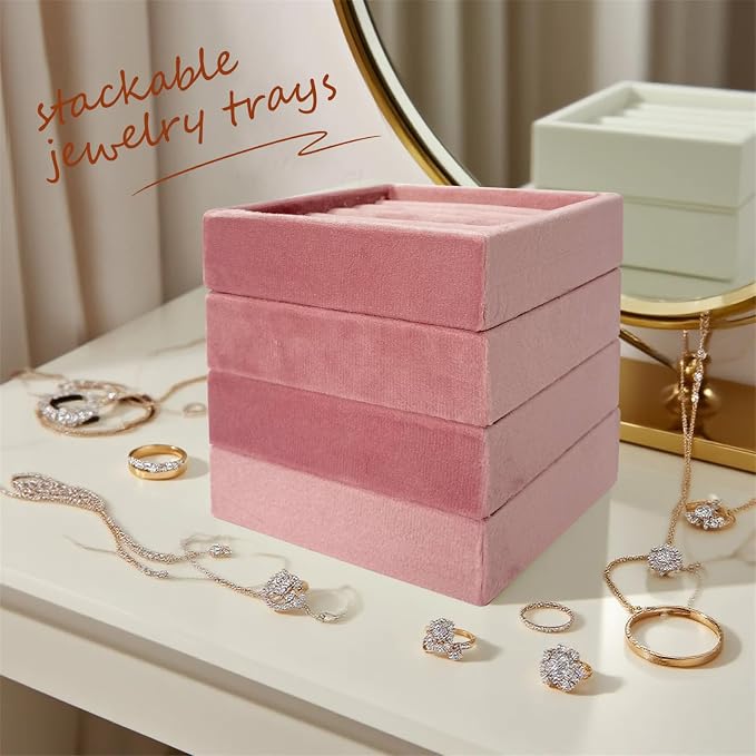SCIKHETF Velvet 5 Slots Ring Earrings Trays Small Showcase Display Travel Ring Holder & Organizer (Pink)