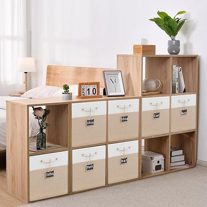 13x13x13 Inch Large Foldable Fabric Linen Cube Storage Bins【4-pack】, with Cotton Handles Closet Bins for Cabinet Shelves Home Organization and Storage bins(White&khaki)