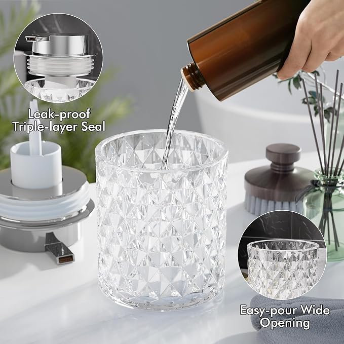 Bathroom Accessory Set, Foaming Soap Dispenser, Glass Hand Foaming Soap Dispenser, Refillable Clear Pump Bottles for Liquid or Lotion, Crystal Decorative Handwash Dispenser for Bathroom, Kitchen