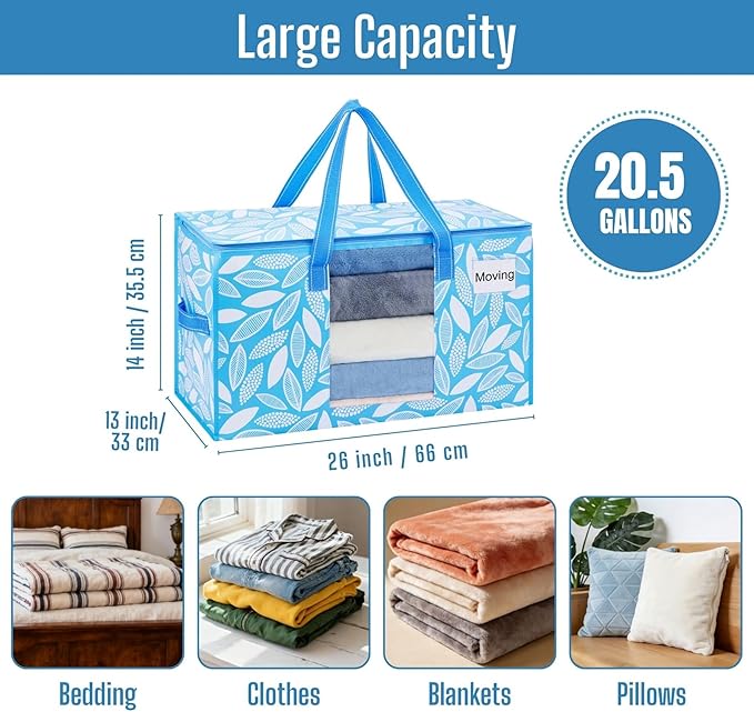 VENO 8 Pack Heavy Duty Moving Bags, Clothes and Comforter Storage Bags with Clear Window, College Dorm Essentials Packing Supplies, Foldable Boxes Alternative (Spring Breeze, 8 Pack)