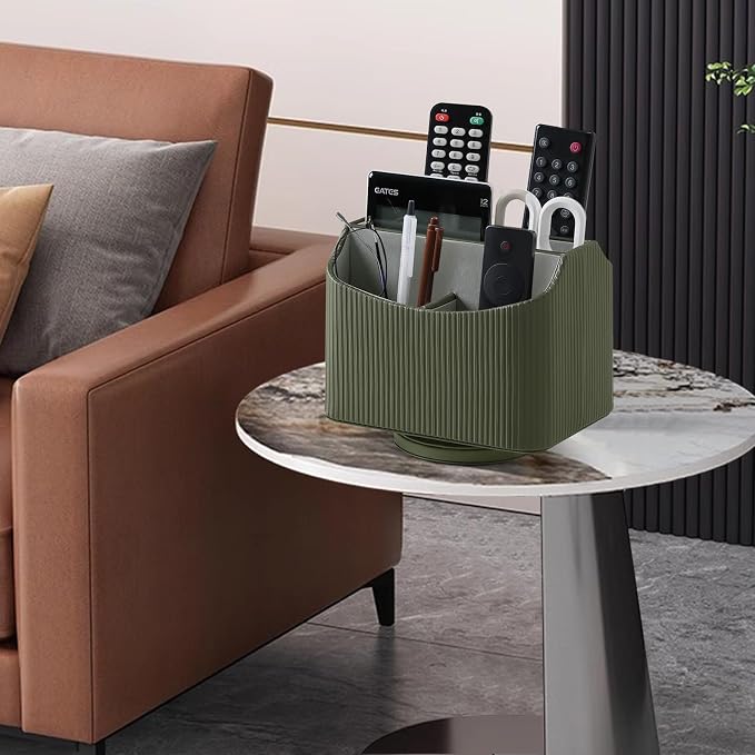 360° Rotating Remote Control Holder, Desk Organizer for Nightstand | PU Leather 5 Compartments Remote Caddy, Spinnig Remote Organizer for Office Bedside Table Coffee Table, Swivel Remote Holder