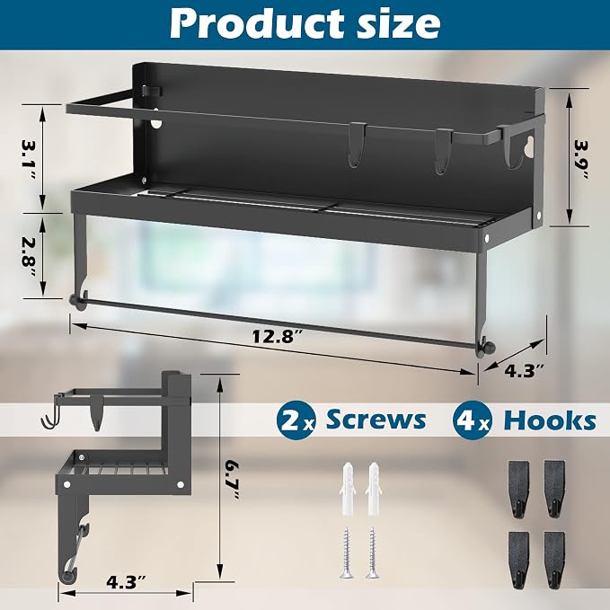 Magnetic Spice Rack Organizer for Refrigerator, 1 Pack, Paper Towel Holder Magnetic with Hooks, Multi Use Kitchen Shelf, 12.8"x4.3"x6.3", Black