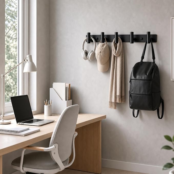 Wall Mounted Coat Rack-5 Hooks, Heavy Duty Stainless Steel Hook Rail for Towel Coat Hat Purse Bag Jacket, Towel Hooks for Entryway Bathroom Kitchen (Black 5 Hooks - 1 Pack)
