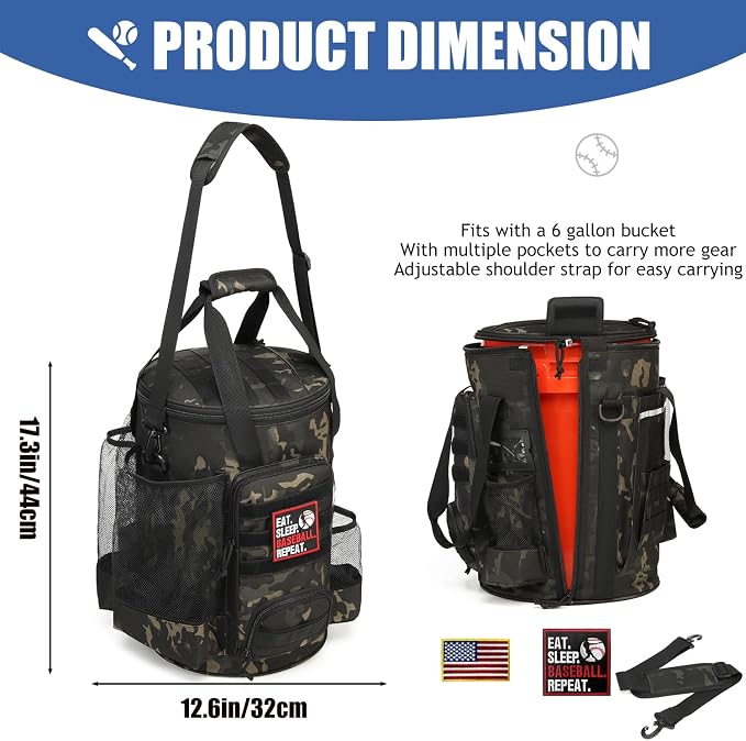 Baseball Bucket Bag 6 Gallon Multi Pockets Softball Coaching Equipment Bag | tactical Baseball Bucket Cover Organizer with padded Seat for Balls, Bat, Gloves, Scoreboards