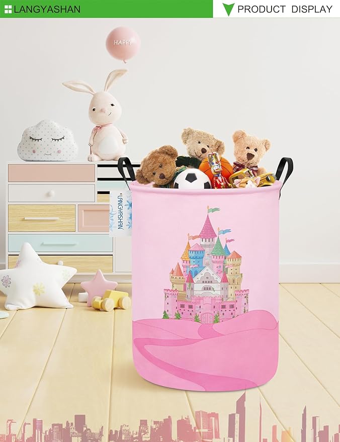 LANGYASHAN Storage Bin, Canvas Fabric Collapsible Organizer Basket for Laundry Hamper,Toy Bins,Gift Baskets, Bedroom, Clothes,Baby Nursery (Round Castle)