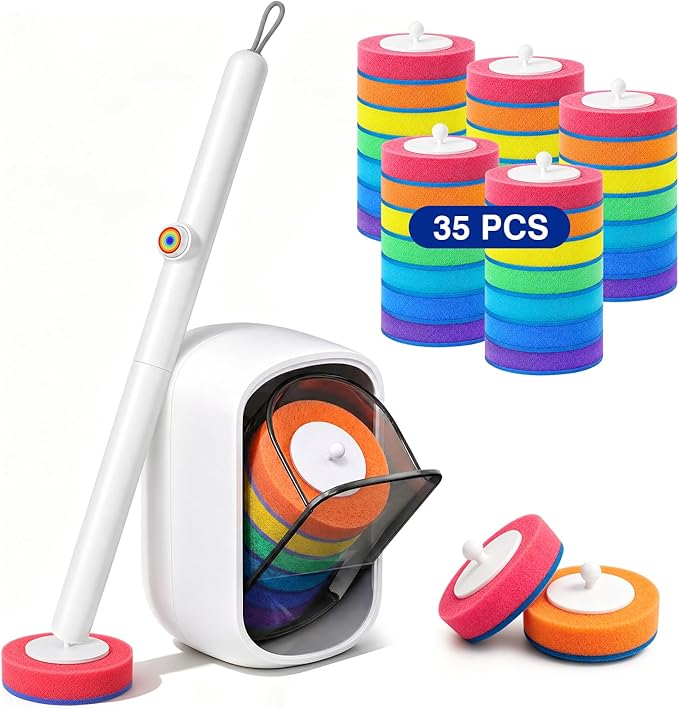 Disposable Toilet Brush, Toilet Cleaning Brush 7 Color-Coded Set – Strong Scrubbing Power, Hygienic Clipper Design No Fall Off, Each Handle with 35 Refill Heads, Clean Bathroom, Tub, Floor