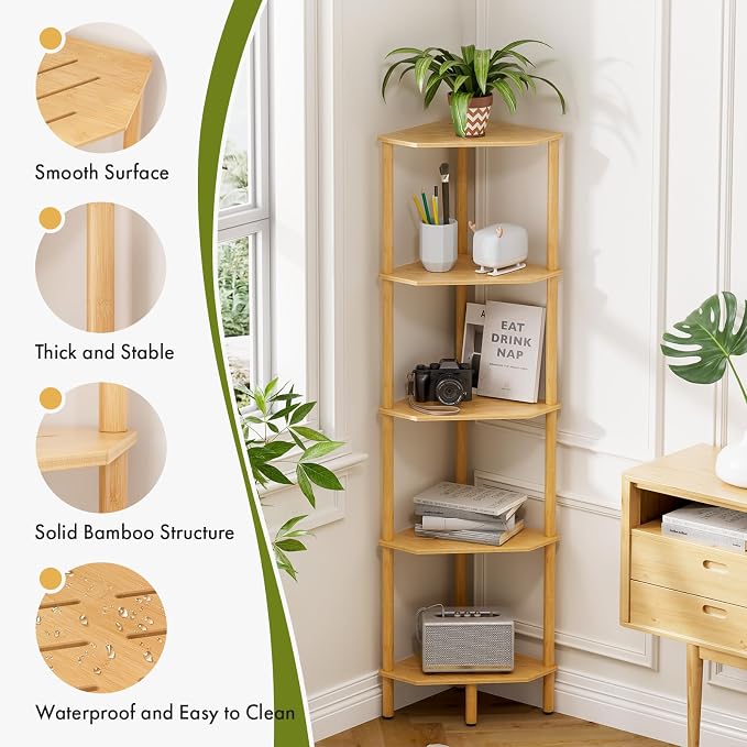 Corner Shelf, 5 Tier Bamboo Corner Bookshelf, 54" Tall Narrow Bookcase, Plant Stand, Corner Display Rack, Shower Caddy, Display Standing Shelf Organizer for Bedroom, Living Room, Kitchen, Apartment