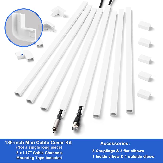 Cord Hider Wall for One Cord, 136in Cord Covers for Wires on Wall, Easy Install Cable Cover Wall, Cable Raceway White Hide Cords, Cable Hider Cord Management Wall, 8X L17in W0.6in H0.4in