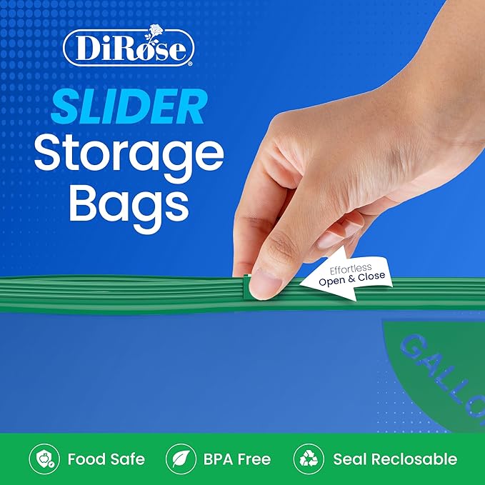DiRose Gallon Slider Storage Bags, Easy Open Zip, Ideal for Food Storage and Organization, 100 Count