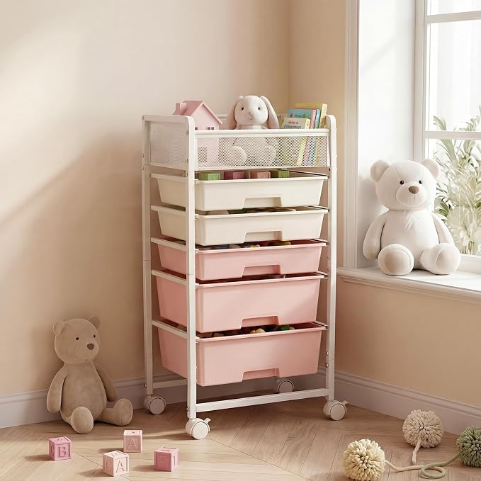 2 Pack Rolling Craft Cart with 5 Drawers, Craft Cart with Wheels, Art Cart Organizer and Storage, Rolling Utility Cart with Handles for Organizing Crafts, Yarn, Toys, School Supplies, etc