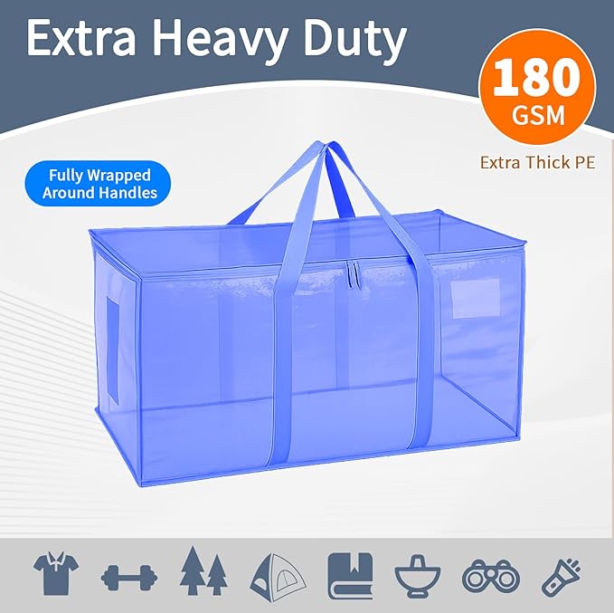 6 Pack-Extra Large Heavy Duty Moving Bags - Waterproof Storage Totes with Handles & Zippers, Foldable for College Dorm, Storage (Blue)