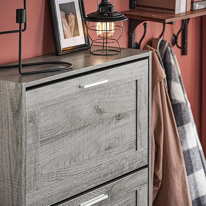 Haotian Shoe Storage Cabinet Entryway | Freestanding Shoe Cabinet with 3 Flip-Drawers Fully Enclosed Tall Shoe Rack Shoe Organizer, Grey, FSR137-L-HG