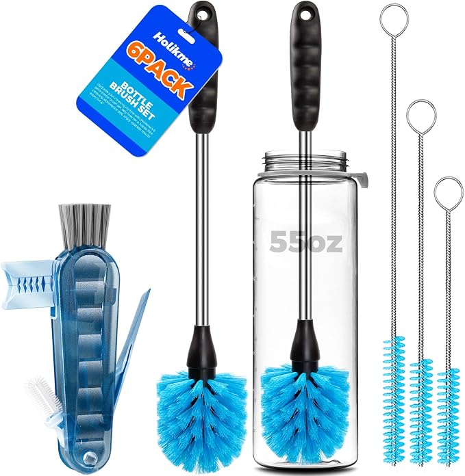 Holikme 6 Pack Bottle Brush 14" Stainless Steel Straw Cleaner Brush,Blue | Bottle Cleaner Brush, 3 Straw, Bottle Cleaning Brush for Water Bottle, Baby Bottle Brush, Antistatic Brushes