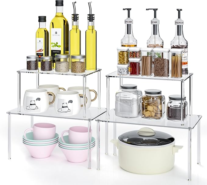 Jusalpha Acrylic Riser Stand Cabinet Organizer, Spice Rack Organizer, Desk Countertop Shelf, Pantry Kitchen Storage, Stackable Shelves for House Organization (Set of 4)