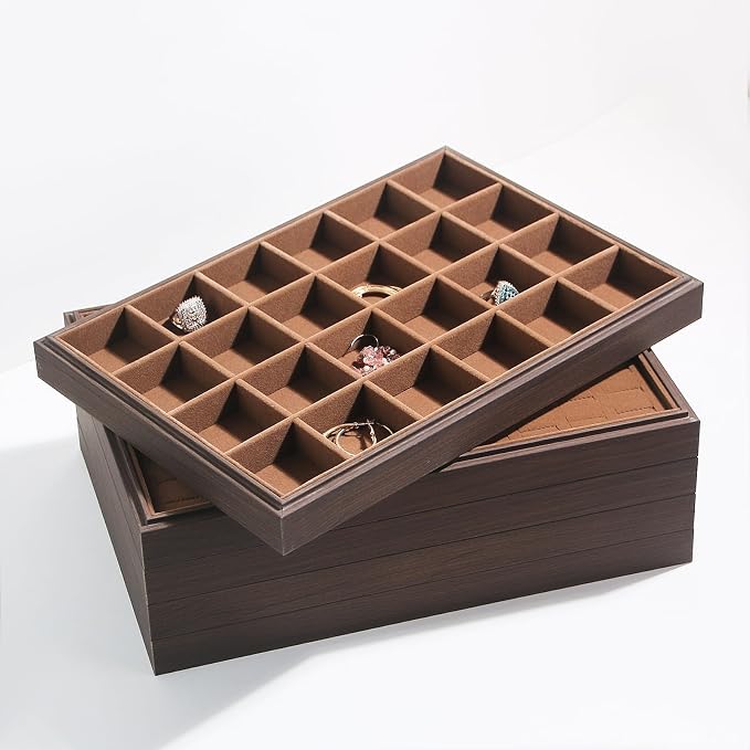 Wood Jewelry Organizer Tray, Rings Display (Brown, 2Pc, Rings) | Stackable Jewelry Display, Rings Holder, Rings Organizer, Rings Tray, Earrings Organizer