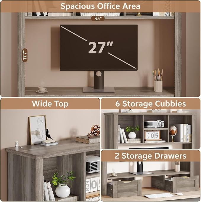 Desk Shelf with Computer Monitor Stand, 37.4''W Desktop Bookshelf Display Rack, Desktop Organizer Storage Rack with Cubbies & Drawers, 5-Tier Hutch for Home, Office, Dorm, Vanity, Grey