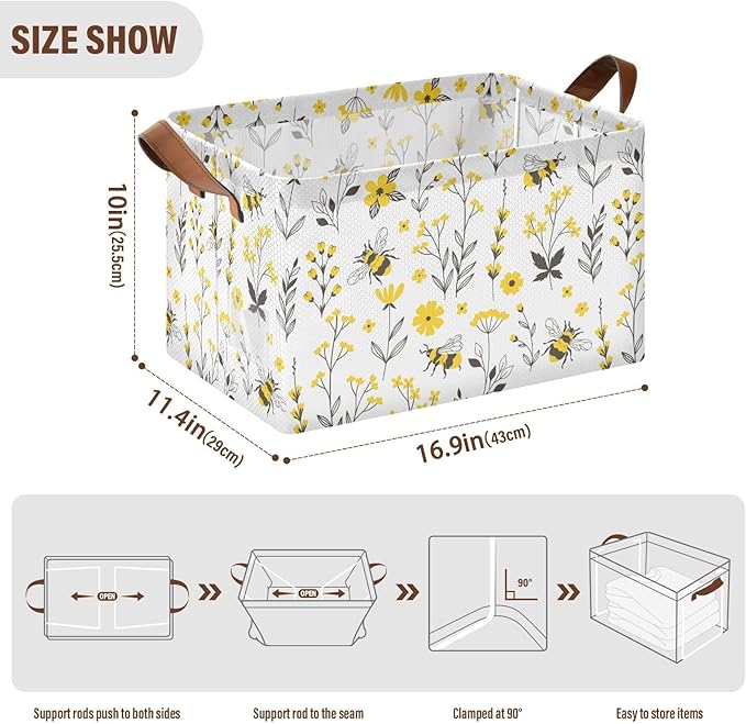 Yellow Wildflower with Bee Storage Basket Foldable Cube Storage Bins with Handles&Labels Waterproof Collapsible Organizer Box Bin Large Rectangle Decorative Baskets for Shelves Home Living Room Closet