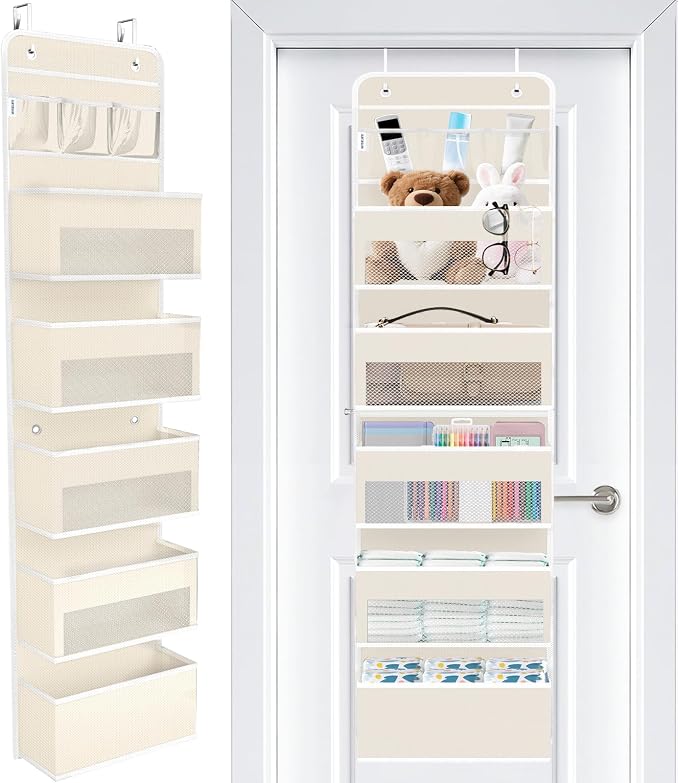 WISELIFE Over the Door Organizer - 6 Shelves Detachable Hanging Bedroom Storage Solution with 5 Large Pockets and 3 PVC Pockets for Dorm Bathroom, Pantry Nursery Baby Essentials (Beige)