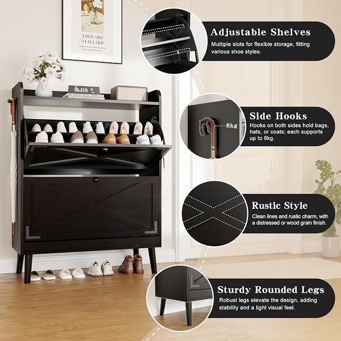 Shoe Storage Cabinet with 2 Flip Drawers & Adjustable Shelves, Freestanding Shoe Cabinet with Side Hooks Narrow Shoe Rack Cabinet for Entryway,Black