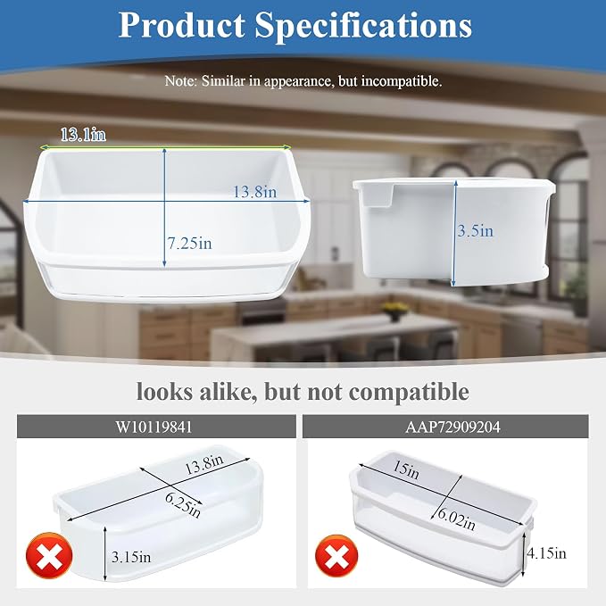 W10119846, WPW10119846 Door Shelf Bin Compatible with kitchenaid Basket-Door, Jenn-Air Refrigerator Door Bin, whirlpool door bin. Fit for KRFC302ESS00 JFC2290REP00 etc. Replacement 1480807, PS2347787