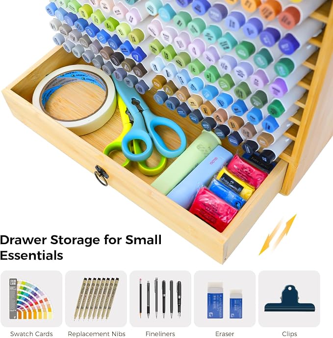 Marker Organizer For 216 Markers, Bamboo Storage Rack With Drawer | 24 Compartments And Pull-Out Drawer For Alcohol Markers, Pens, Art Supplies, Desks, And Craft Rooms